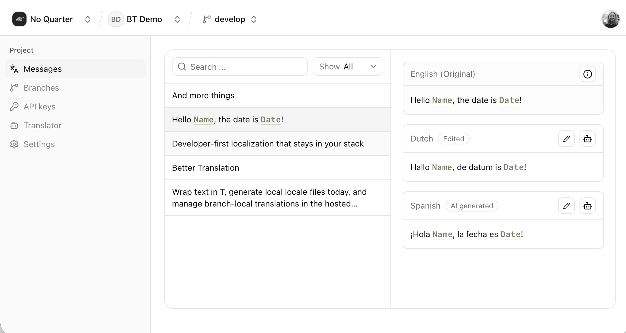 Better Translation platform showing branch-local Message editing